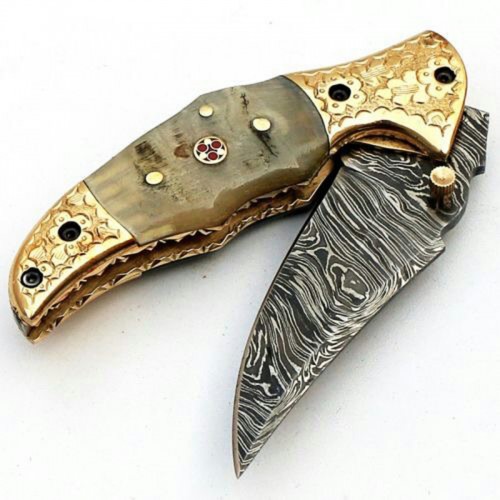 Damascus handmade folding knife beautiful structure with free leather sheath